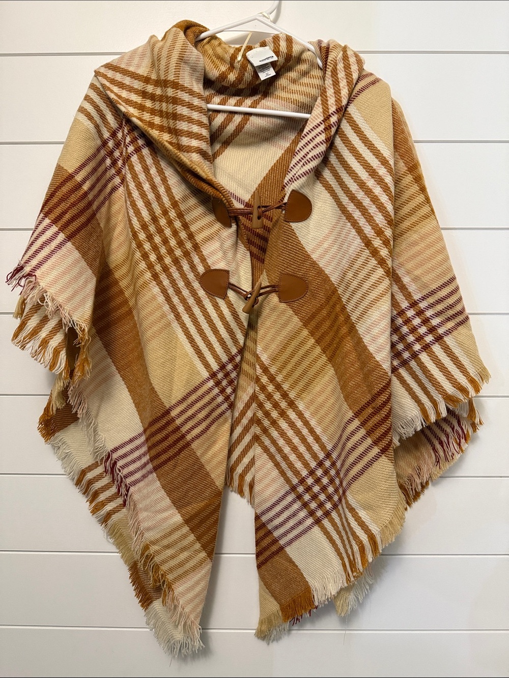 Sonoma Plaid Hooded Toggle Poncho - Cream, Tan, Brown
